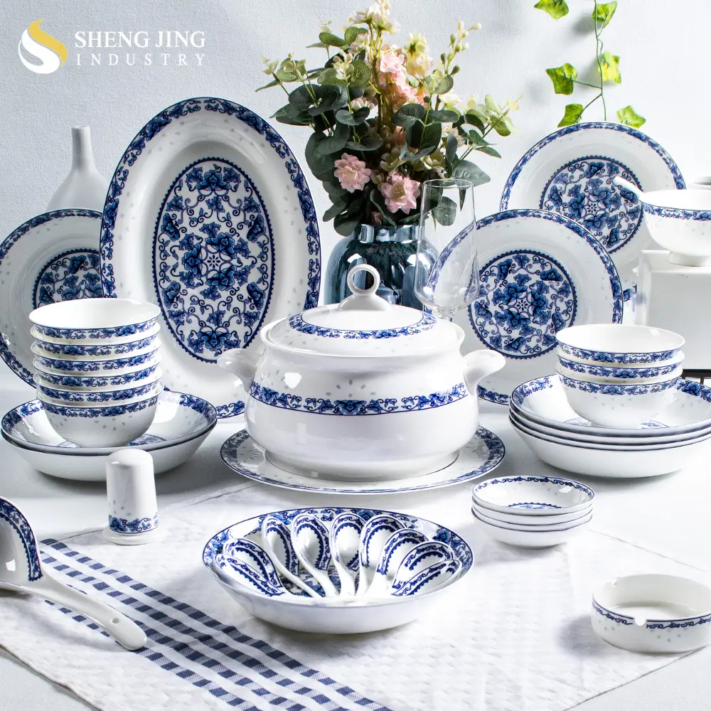 Jingdezhen Fabriek Bone China Blauw En Wit Chinese Servies Antiek Bloemenpatroon Keramische Servies Set