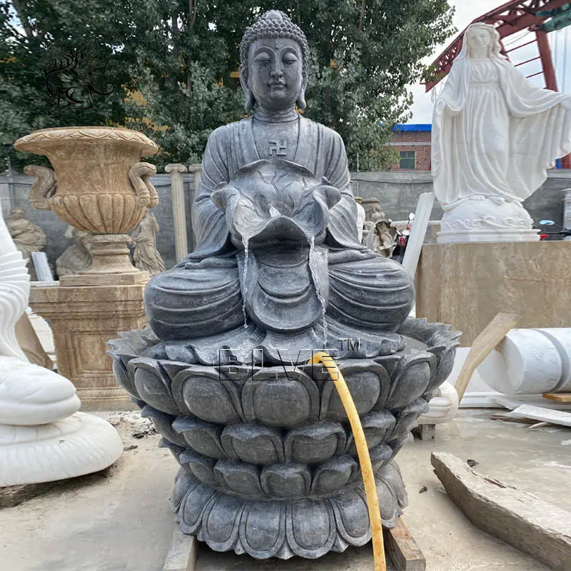 BLVE gran jardín piedra natural tallada Bluestone estatua de Buda fuente de agua mármol Shakyamuni escultura de Buda en un loto