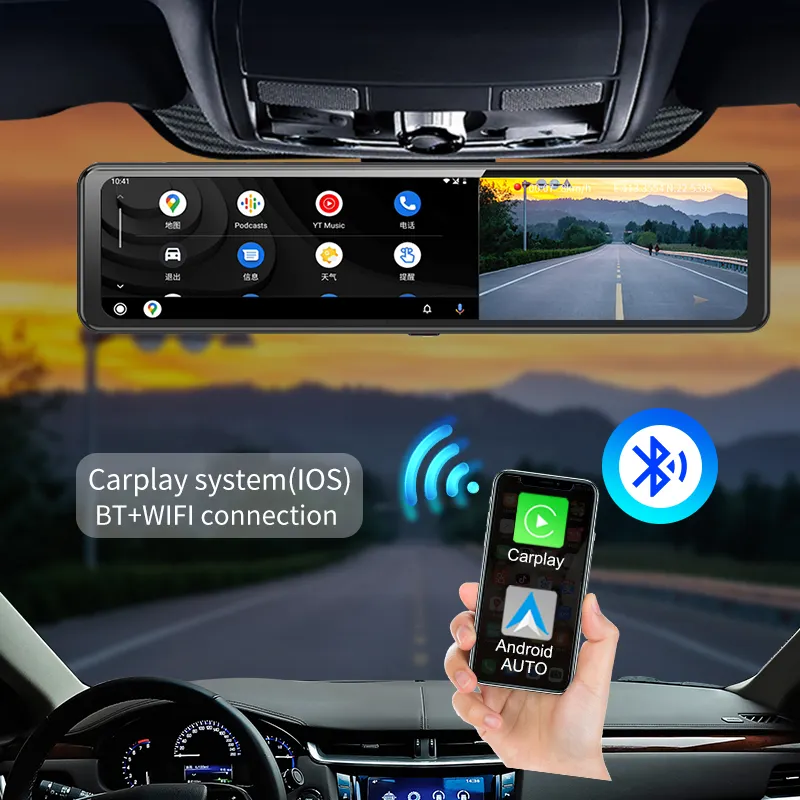 12インチCarplayAndroid10車DVR8コア4GネットワークADASGPSFMダッシュカムバックミラービデオレコーダーWiFiBTGセンサーDashCam