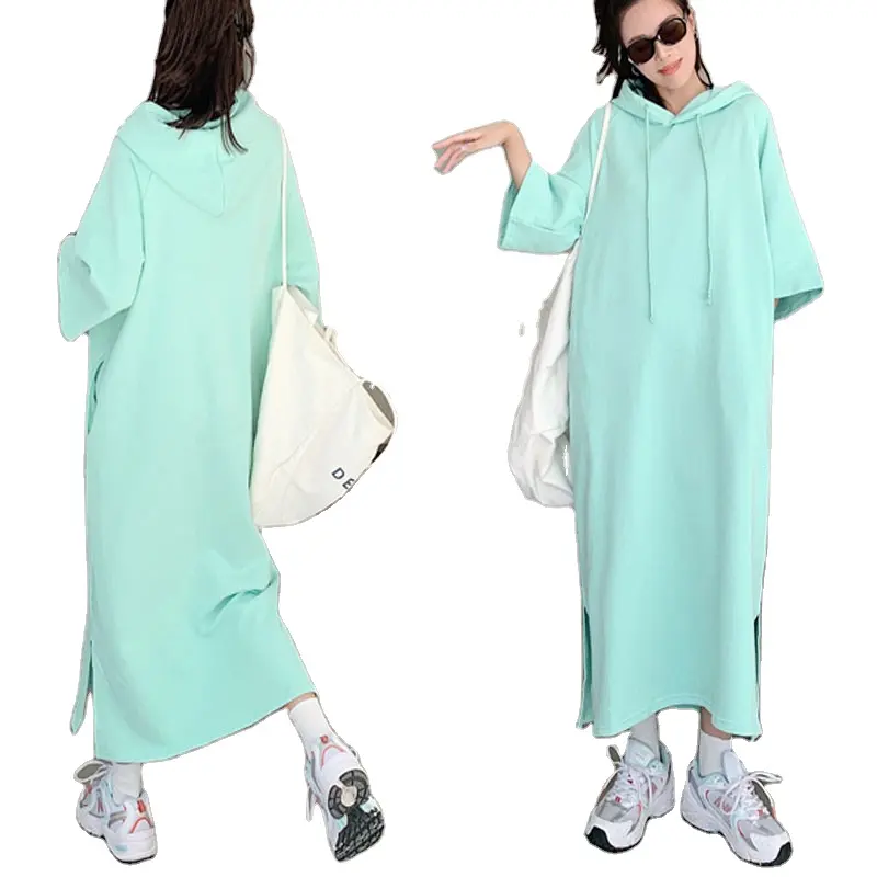 Trend New Arrivals Women Korean Plain Long Hooded Sweatshirt Dress Harajuku Style Seven Sleeve Maxi Hoodie Dresses With Pocket