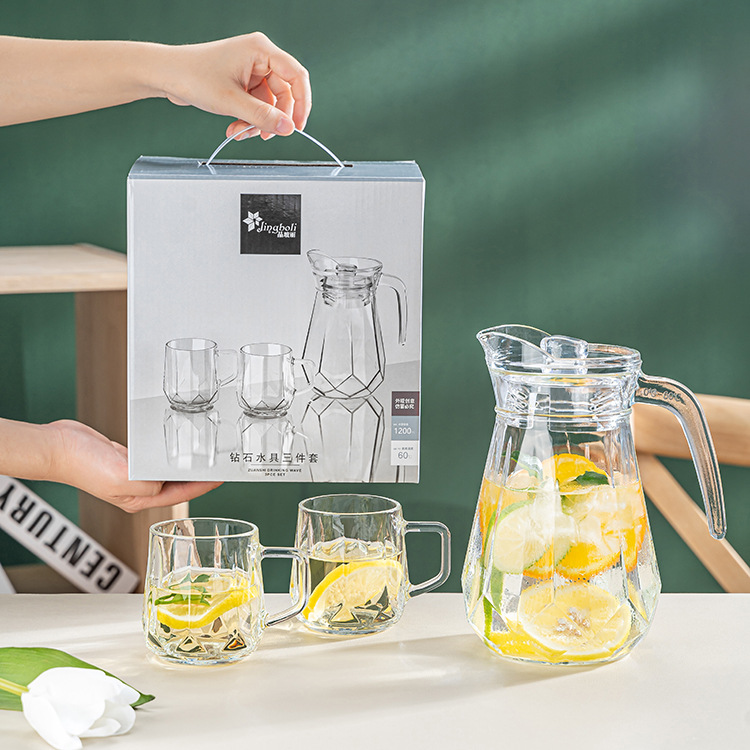 Clear Diamond Pattern Glass Water Set (1 Pitcher + 2 Cups)