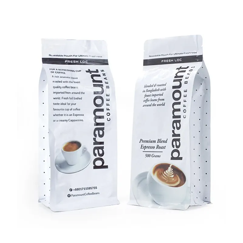 Sacchetto di alluminio con cerniera biodegradabile sacchetto di imballaggio in chicchi di caffè in carta kraft per uso alimentare sacchetto di caffè quadrato a fondo piatto
