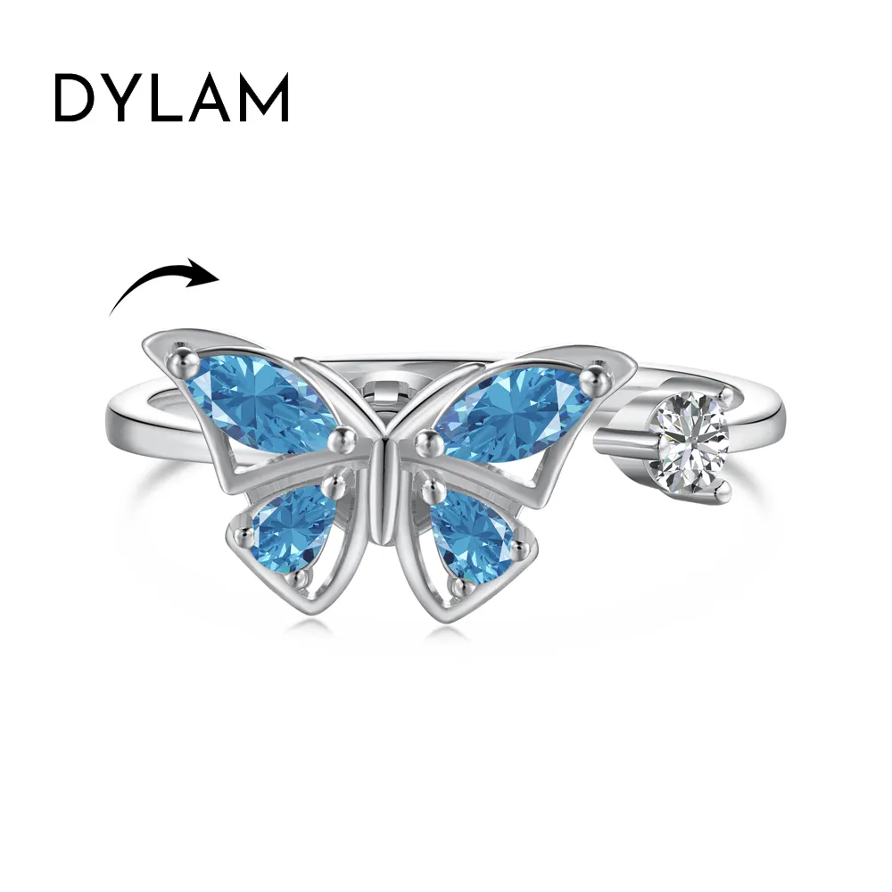 Dylam Stylish 925 Sterling Silver Rhodium 18K Gold Plating Rotatable Spinning Butterfly Shape 5A Cubic Zirconia Anxiety Rings