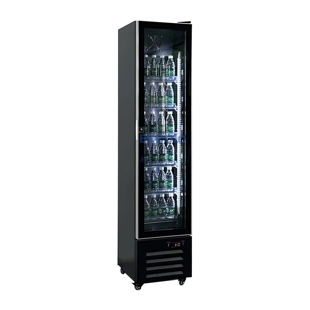 Refrigerador de pantalla vertical Delgado comercial Puerta de vidrio completa vertical Pequeño escaparate de refrigerador 220L