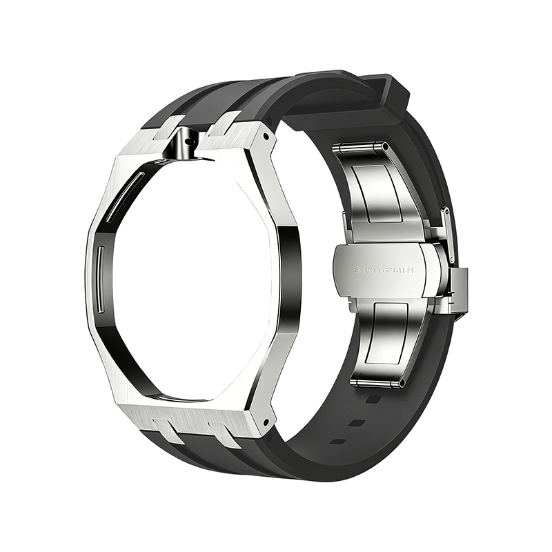 Boîtier argenté Bracelet en silicone noir