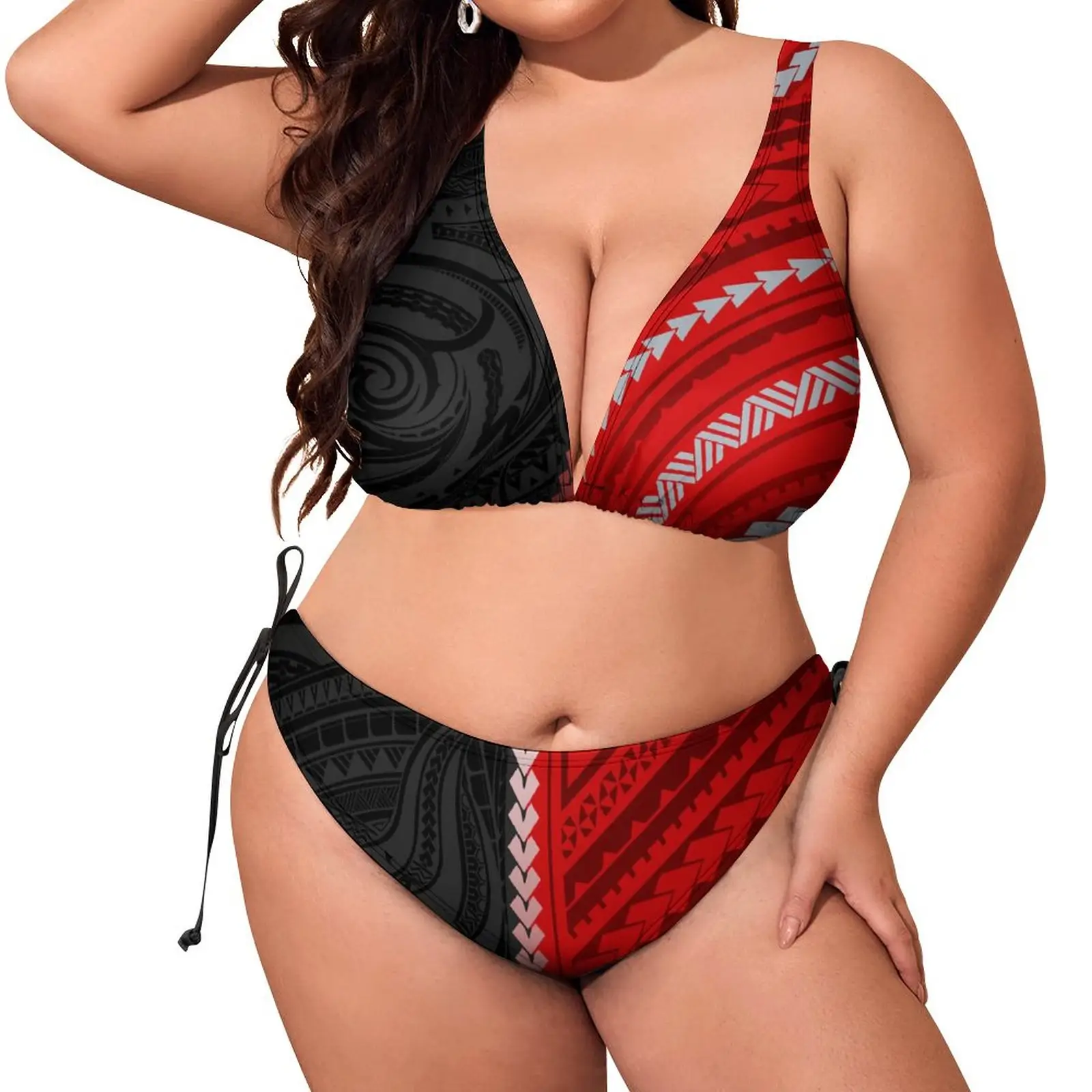 Rosso e nero grandi persone Design tribale stampa a sublimazione Bikini Pacific Island Art Tonga Logo personalizzato costumi da bagno Bikini 1 MOQ