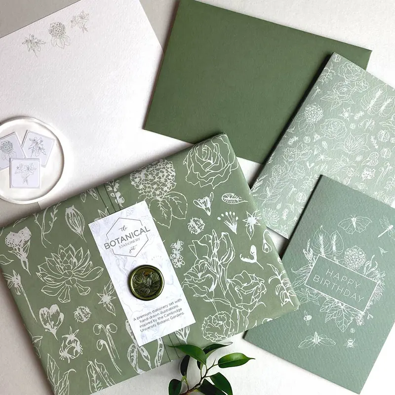 Papel de embalagem de embalagem de papel para presente, impressão personalizada de luxo, texturizada, de cor verde, grossa, de alta qualidade
