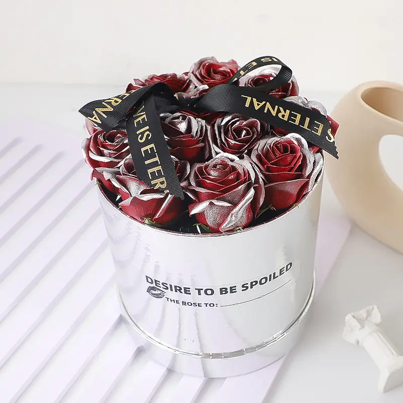 Venta al por mayor de impresión personalizada diseño de logotipo de papel redondo Flor de lujo Rosa caja de embalaje de regalo