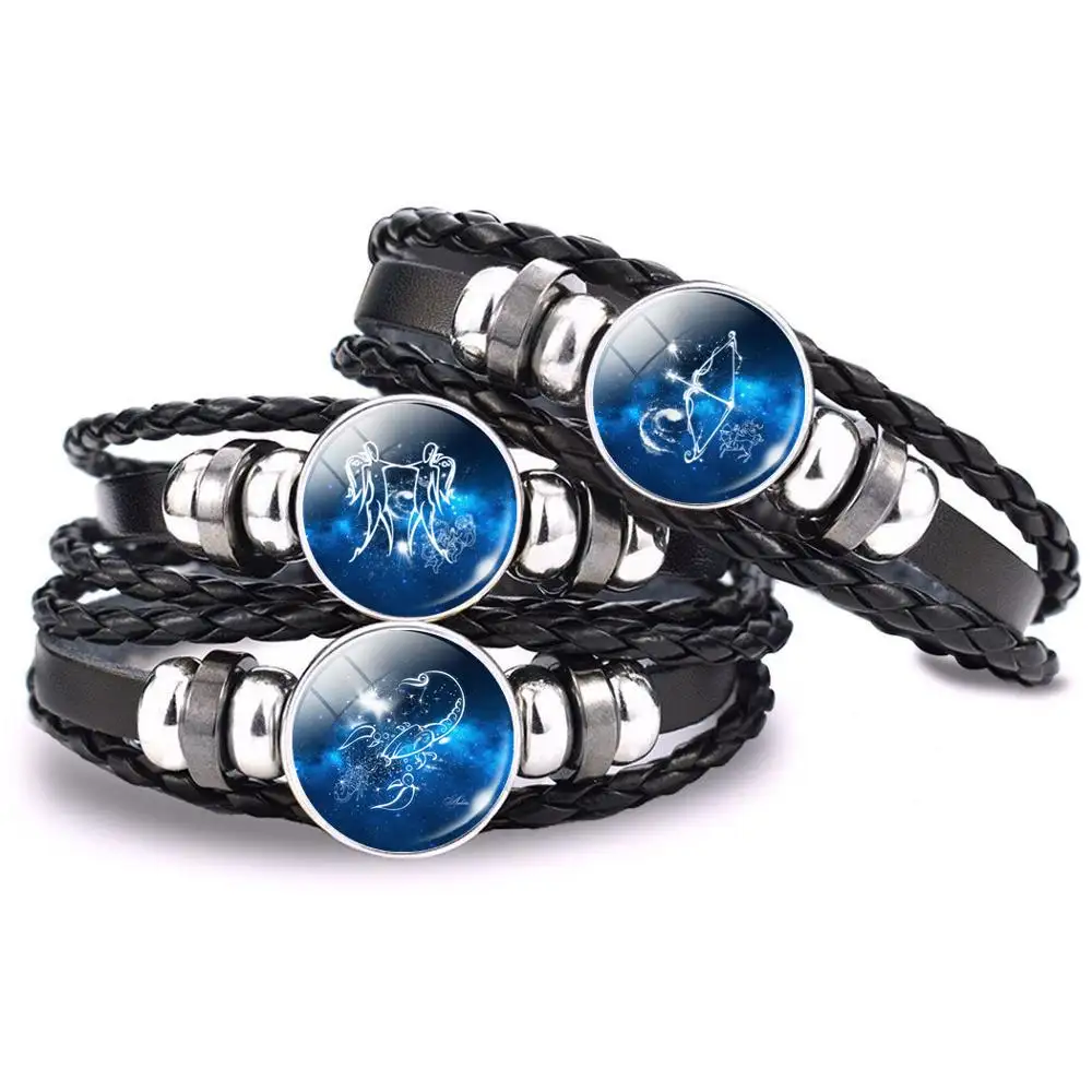 Fashion Men Women 12 Constellations Glass Dome Snap Button Bracelet Steampunk Black Leather Woven Bracelet for Birthday Gift