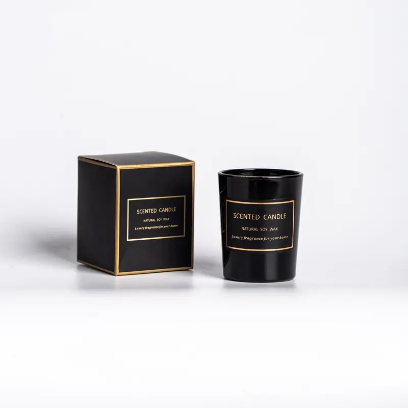Logo personalizzato oro stampato barattolo di vetro nero profumato candela di cera di soia Aroma di lusso candela decorazione all'ingrosso