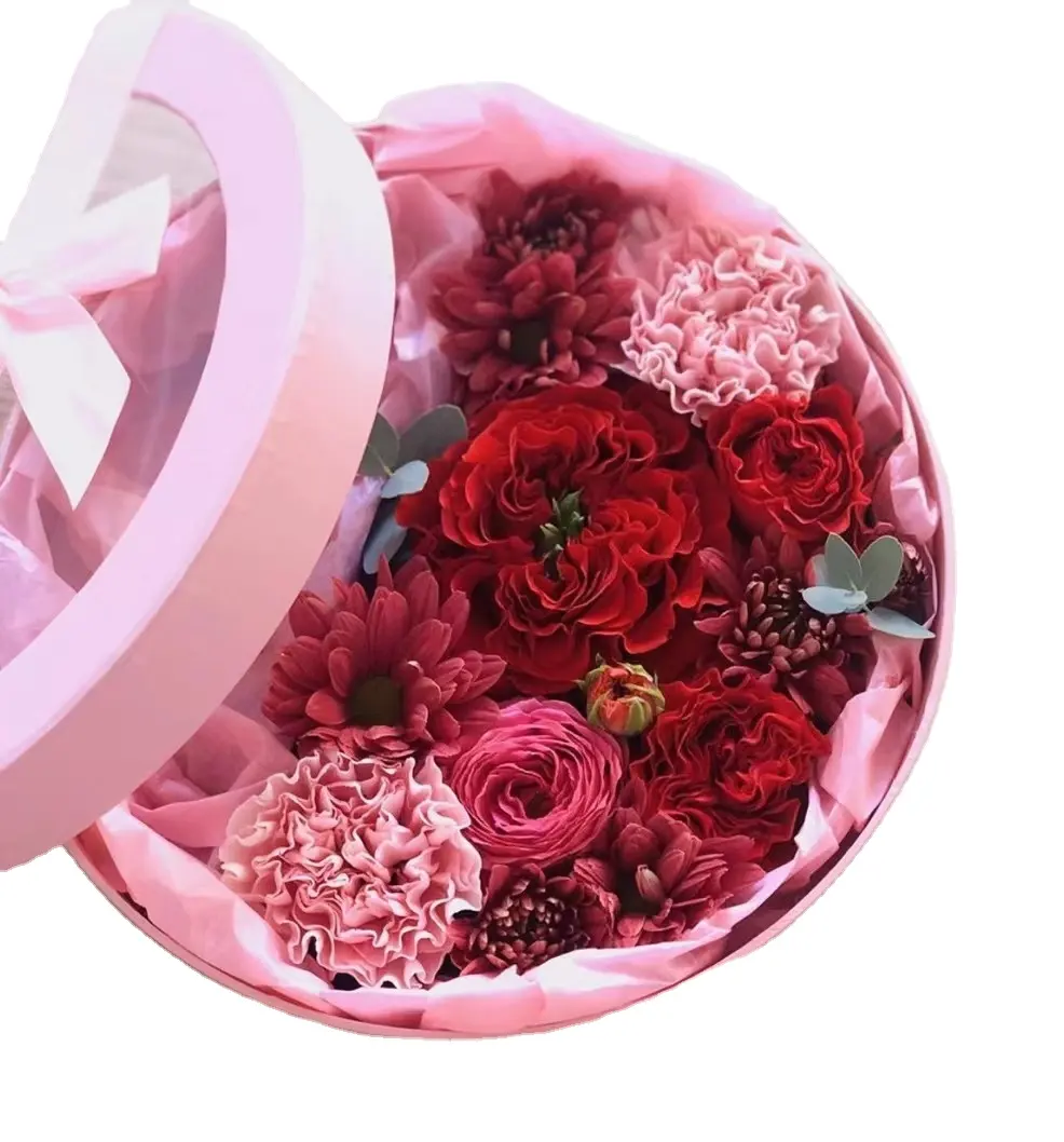 Caja de flores circular con ventana transparente de PVC, juego de tres piezas de regalo de jabón de vida eterna con caja de regalo de boda a mano