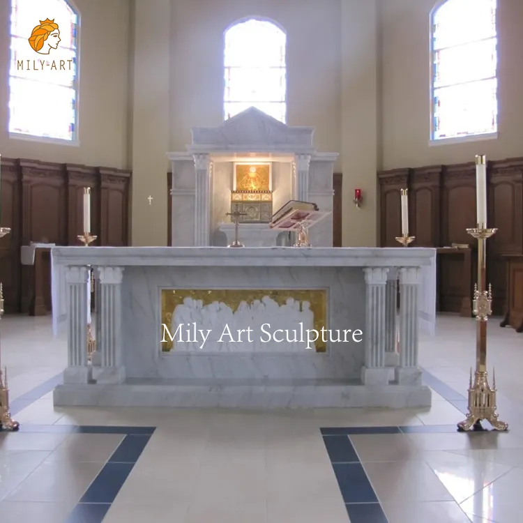 Altar católico de mármol natural religioso tallado a mano de alta calidad personalizado para Iglesia