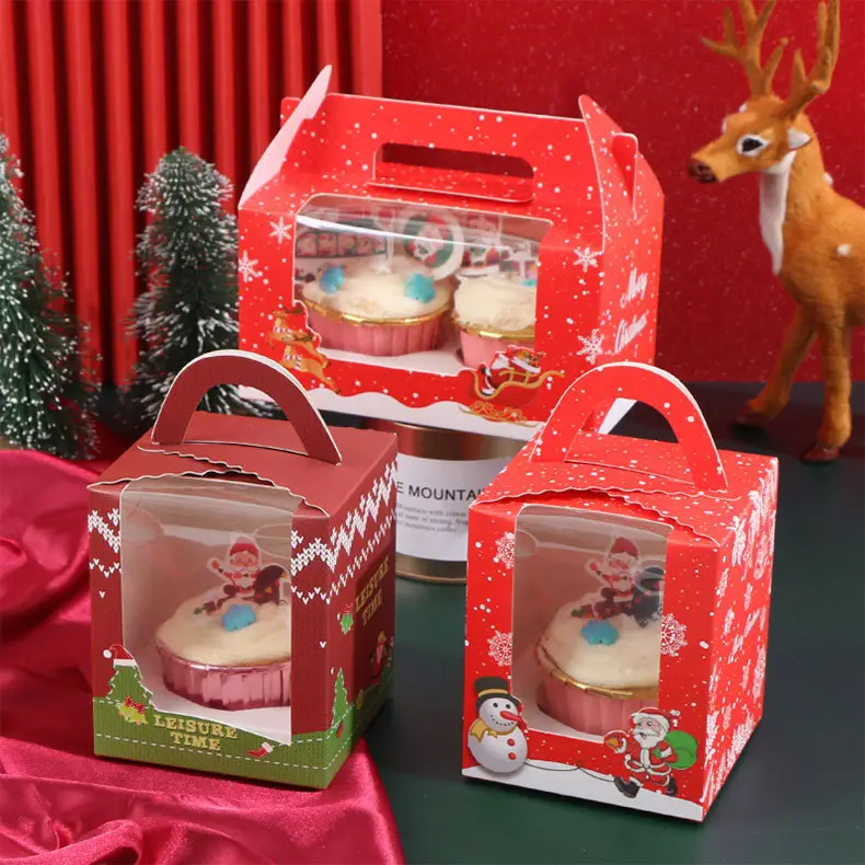 Упаковка на заказ, коробки для маффинов и капкейков, рождественские подарочные коробки, декоративные коробки, Рождественская чашка, коробка для торта с ручкой