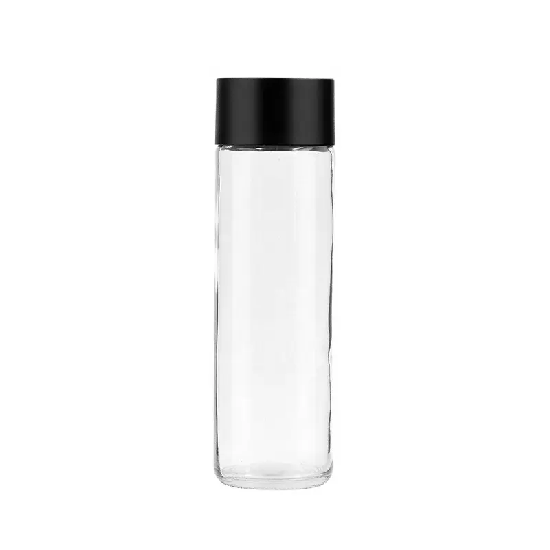 Leere transparente runde 12 Unzen 350ml High Flint Saft Getränk Getränk Mineral wasser Voss Glasflasche mit Schraube Kunststoff schwarzen Deckel