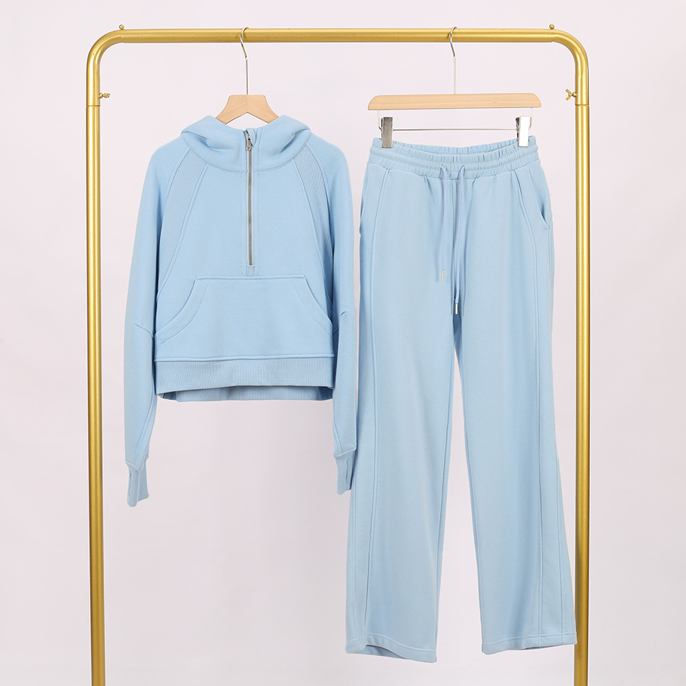 Linen blue hooded half-pull sweat pants set