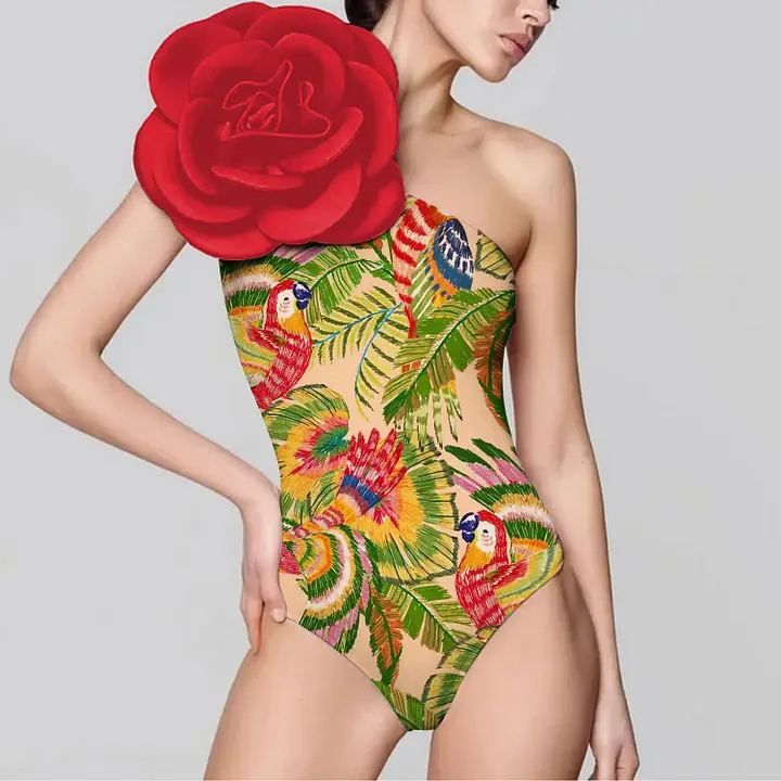 Kral Mcgreen yıldız tek parça mayo kadınlar için 3D büyük çiçek dekoratif baskı mayo seksi sıkı moda plaj partisi