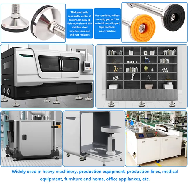 Pé de aço inoxidável anti-derrapante, máquina ajustável de pés de borracha, nivelamento resistente, m12 m16 m20