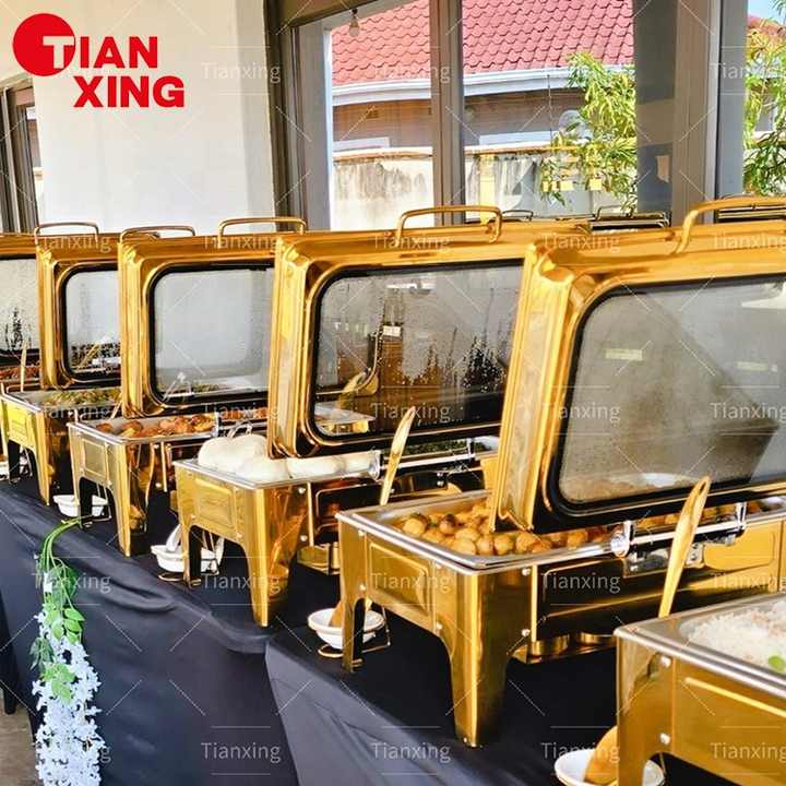 Tianxing Low MOQ Catering Equipment 9L Arabic Buffet Food Warmers Chafing Dishes Chaffers Chafing Dish Buffet in Gold
