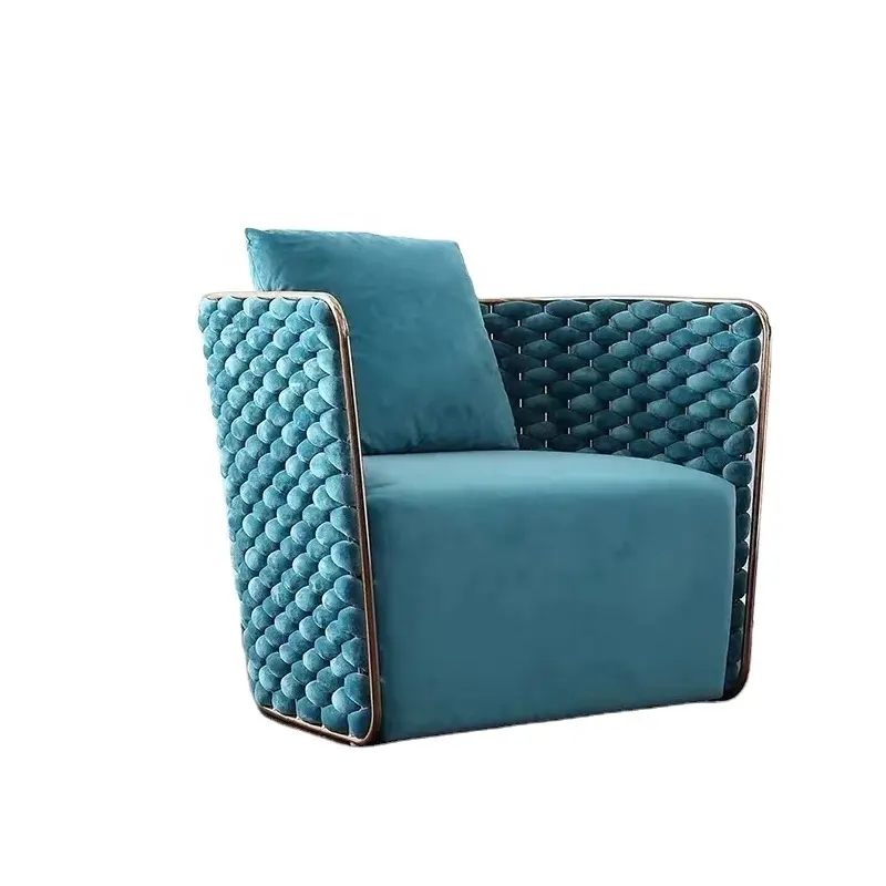 Latest design Italian postmodern stainless steel blue velvet woven luxury villa living room soft comfortable leisure sofa chair