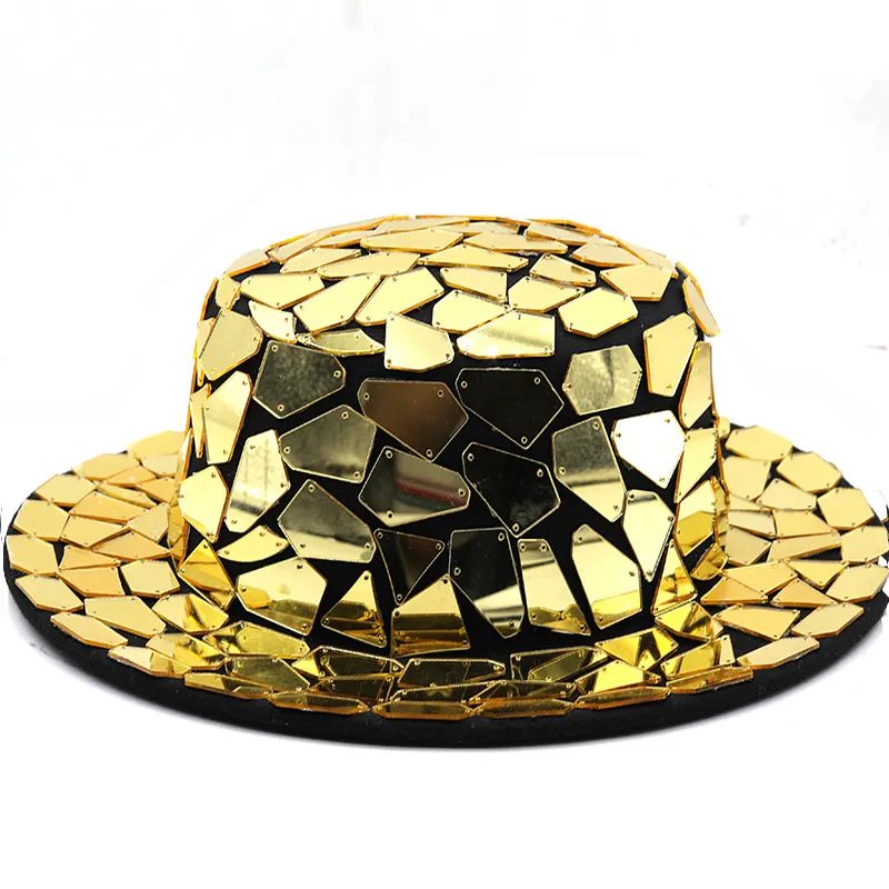 Cappello Fedora a tesa larga per uomo donna oro pieno paillettes Bling strass feltro cappelli a cilindro cerimonia nuziale berretto da cantante da palcoscenico