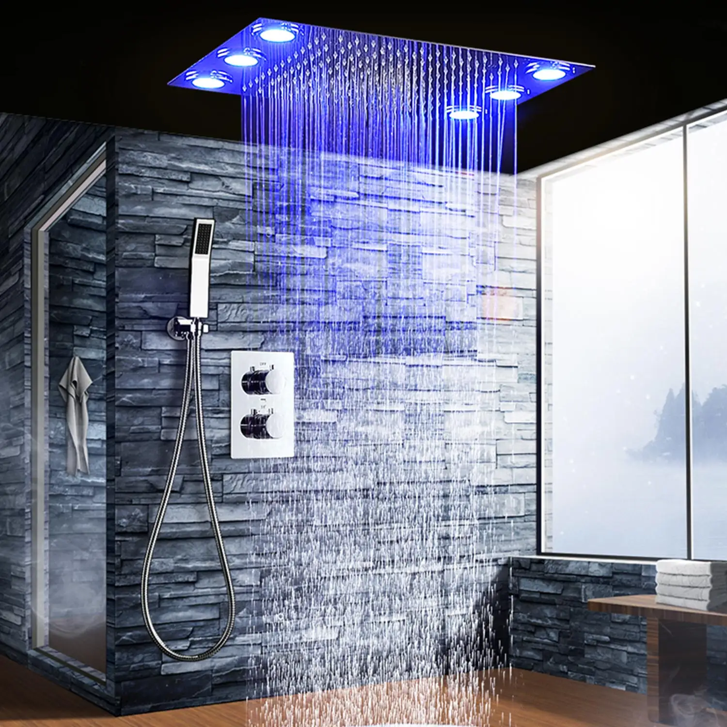 Decken montierter moderner Edelstahl 360*500mm Regen regen LED-Dusch set mit Messing ventil