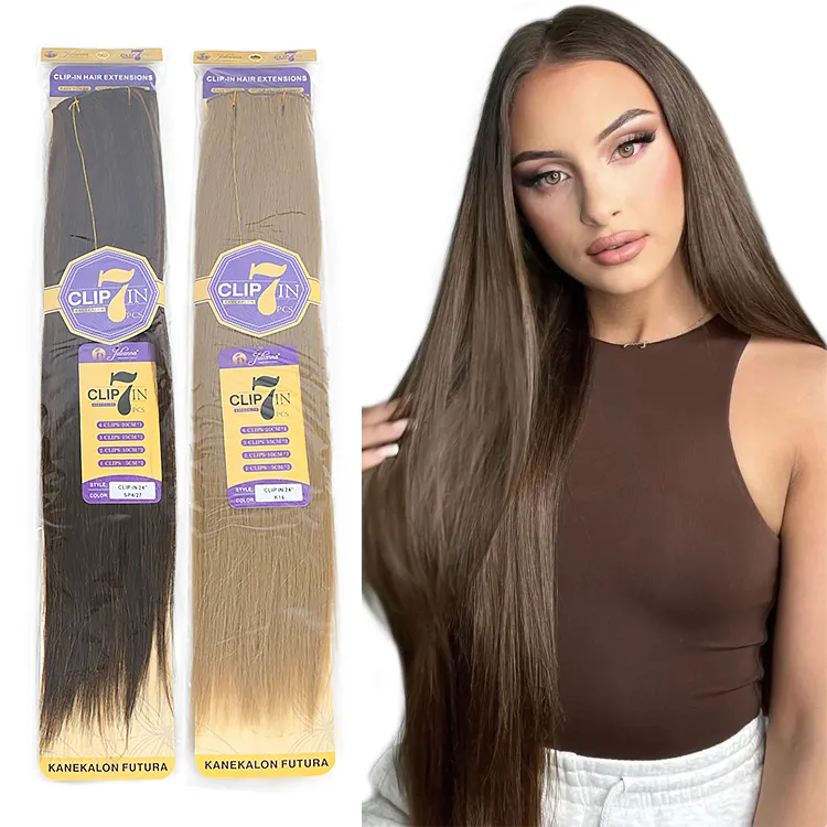 Julianna 24 inch 150g Clip-in 7 Pieces 16 Clips Futura Fibre Kanekalon Wholesale Weft Synthetic Clip In Hair Extension Weave