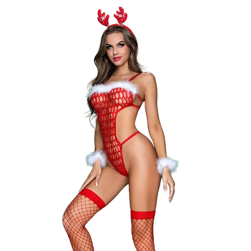 New ladies Christmas sexy lingerie Lady Underwear Cosplay Santa Claus Costume Christmas Red Mesh Intimates