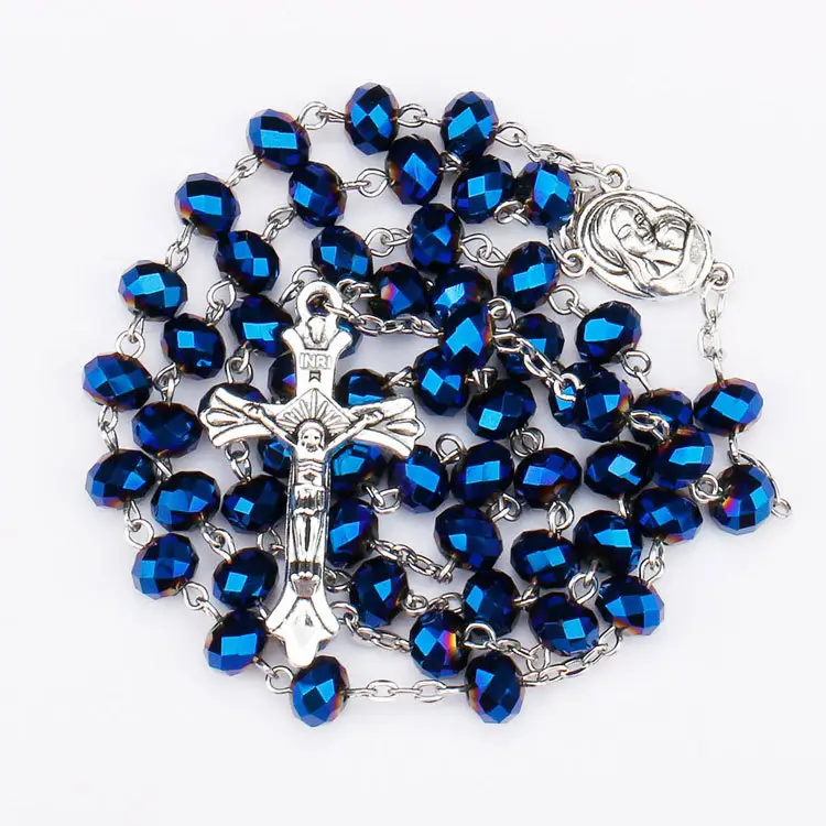 Collar de cuentas de cristal azul profundo para la oración católica, medalla de Tierra Santa de Israel, Cruz de tierra antigua, rosarios religiosos