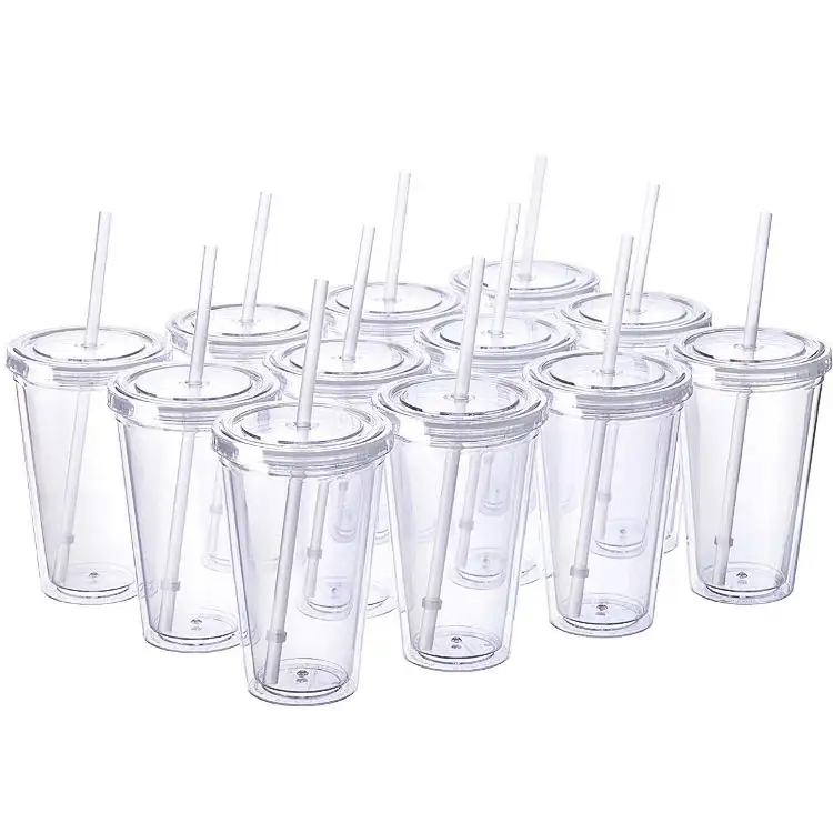 Çift duvar bardak 16oz 24oz 32oz yeniden kullanılabilir BPA içermeyen plastik bardaklar drinkware şeffaf akrilik bardaklar ile kapak ve saman