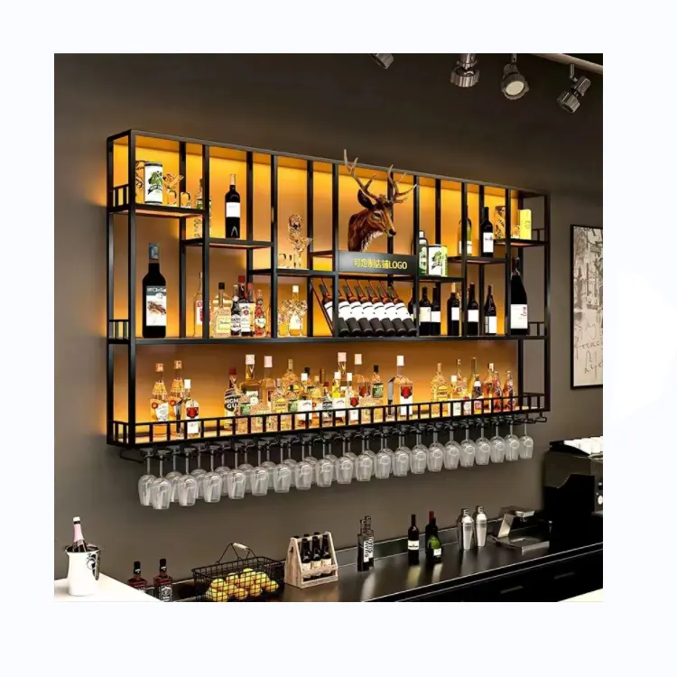 Moderne Gouden Achterbar Metalen Plank Met Led Licht Voor Bar/Hotel/Restaurant