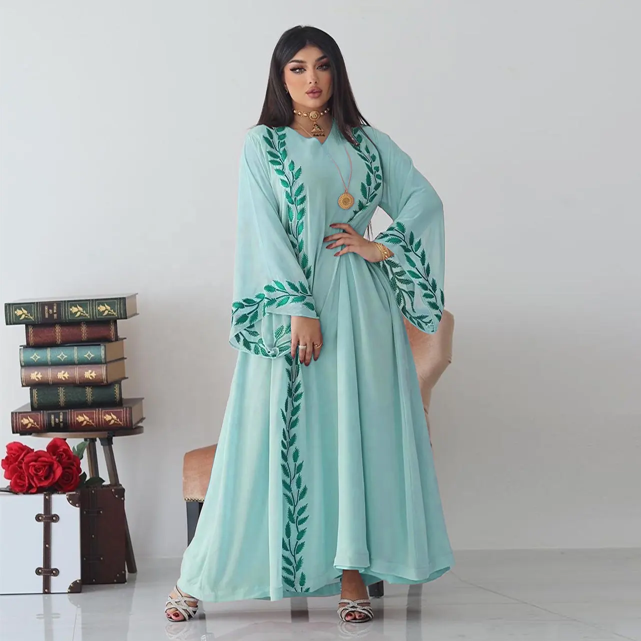 Mode mousseline de soie brodé de fleurs Abaya Hijab robe pour les femmes rose col en V à manches longues lâche arabe musulman dubaï caftan marocain