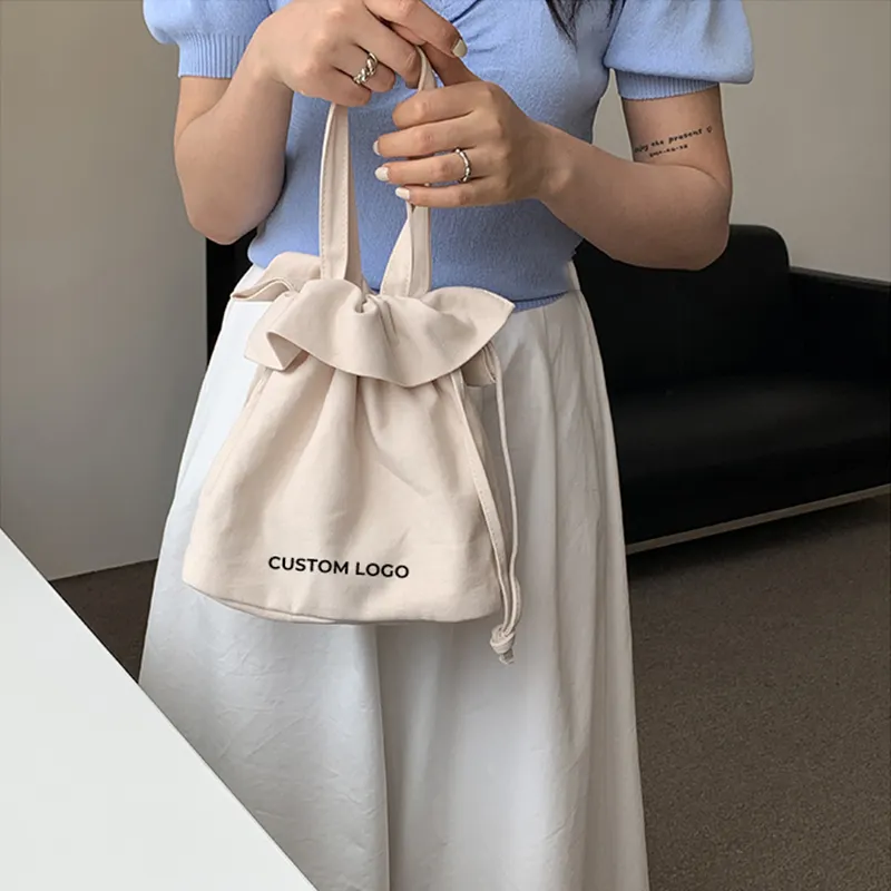 Xuerry Wholesale Women Eco-Friendly Recycled Handle Cotton Blank Canvas Custom Logo Printed Shopping Drawstring Tote Bag