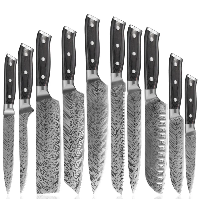 10 pak Set pisau Stainless Steel 5cr15 hitam mewah, Set pisau dapur profesional pisau bertekstur Damaskus