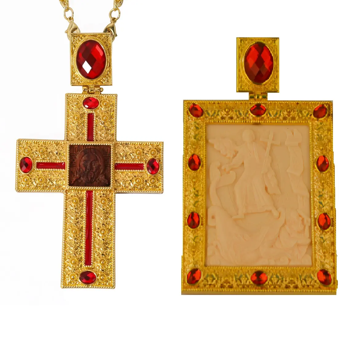 Chiesa ortodossa croce pettorale vescovo 2 pezzi set croce & Panagia con icona personalizzata e pietre colorate