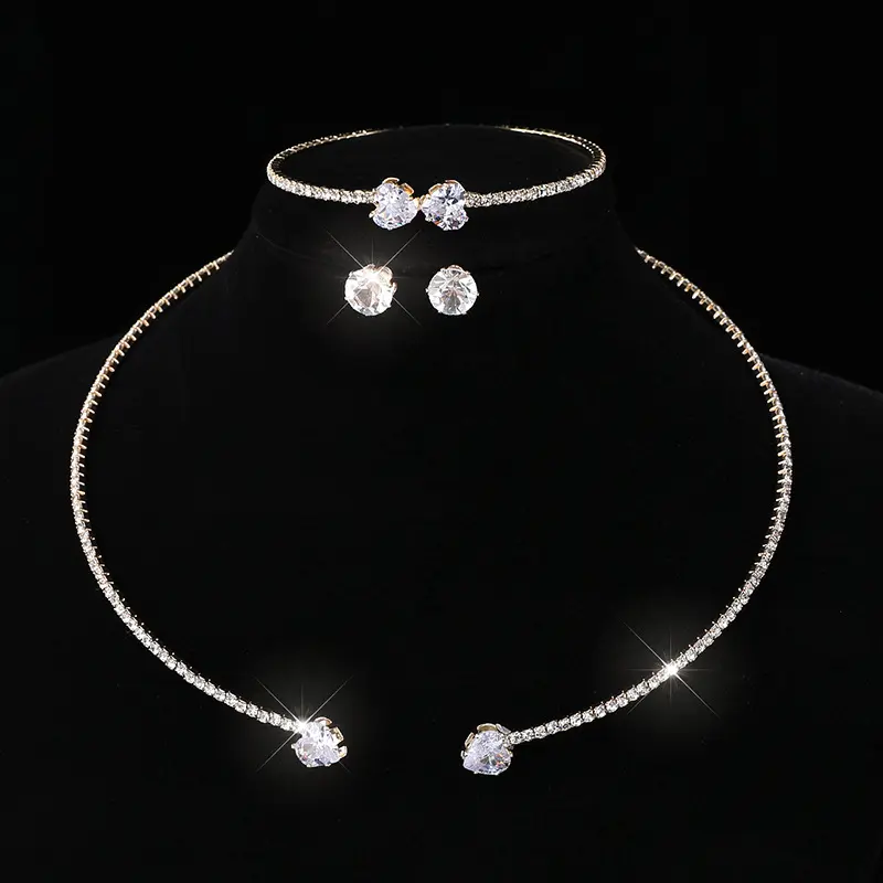 Luxury Bride Heart Choker Necklace Rhinestone Bracelet Earrings Wedding Bridal Jewelry