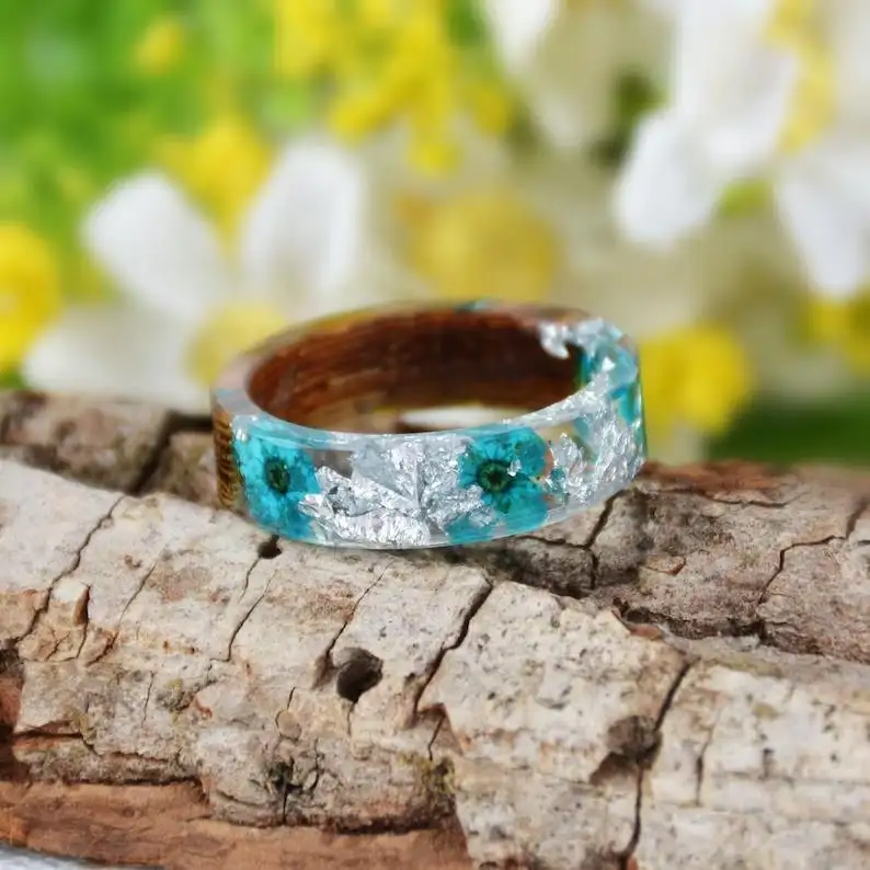 Diseño único hecho a mano transparente naturaleza Floral anillo Multi tipos flor seca madera resina anillo para mujer