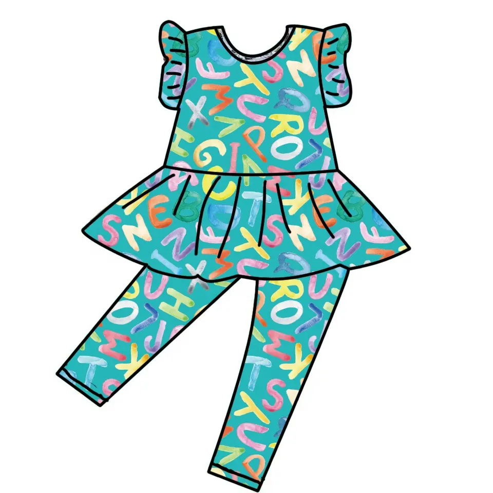 Liangzhe ODM Baby boutique Conjunto de ropa de bambú Niños Niñas Ropa de verano Vestido y pantalones con estampado de dibujos animados Conjunto para niños