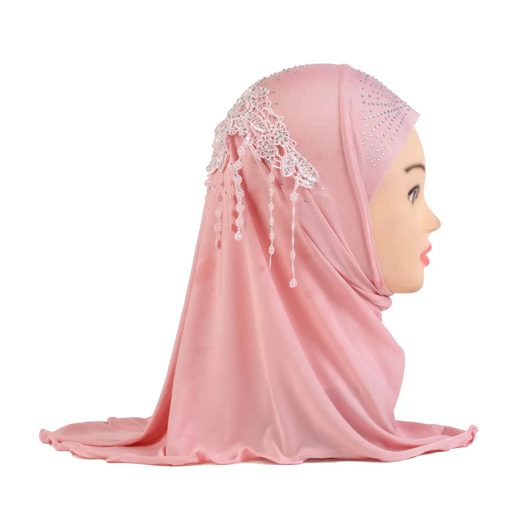 Bufanda de encaje personalizada al por mayor niños musulmanes niñas pequeñas hijab instantáneo niños ropa islámica usar chal