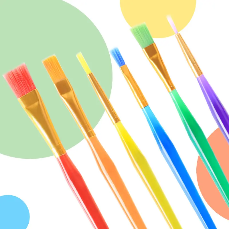 ชุดแปรงทาสีเส้นขนไนลอน6ชิ้นสีสันสดใสใหม่สำหรับเด็กวาดปากกาสำหรับบ้านและโรงเรียน
