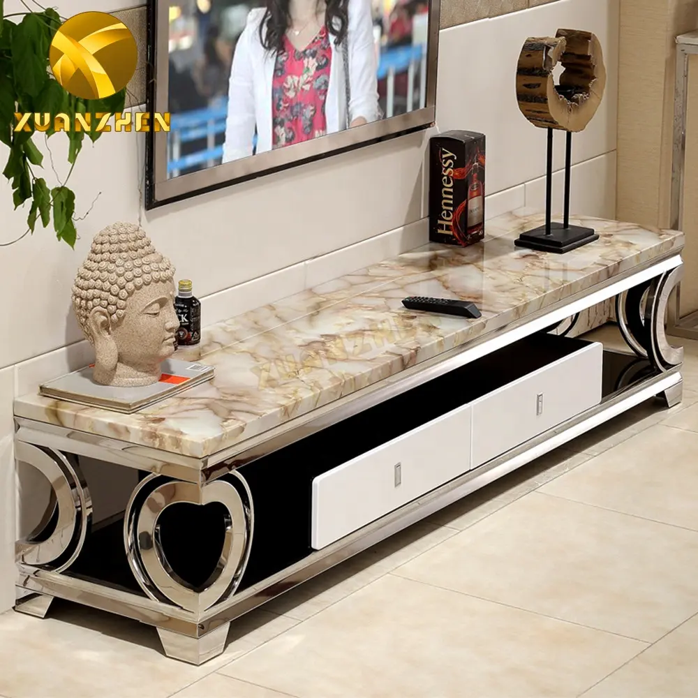 Meuble tv de luxe en acier inoxydable, design moderne, meuble de salon, nouveau modèle, table tv, support avec tiroir, nouveauté