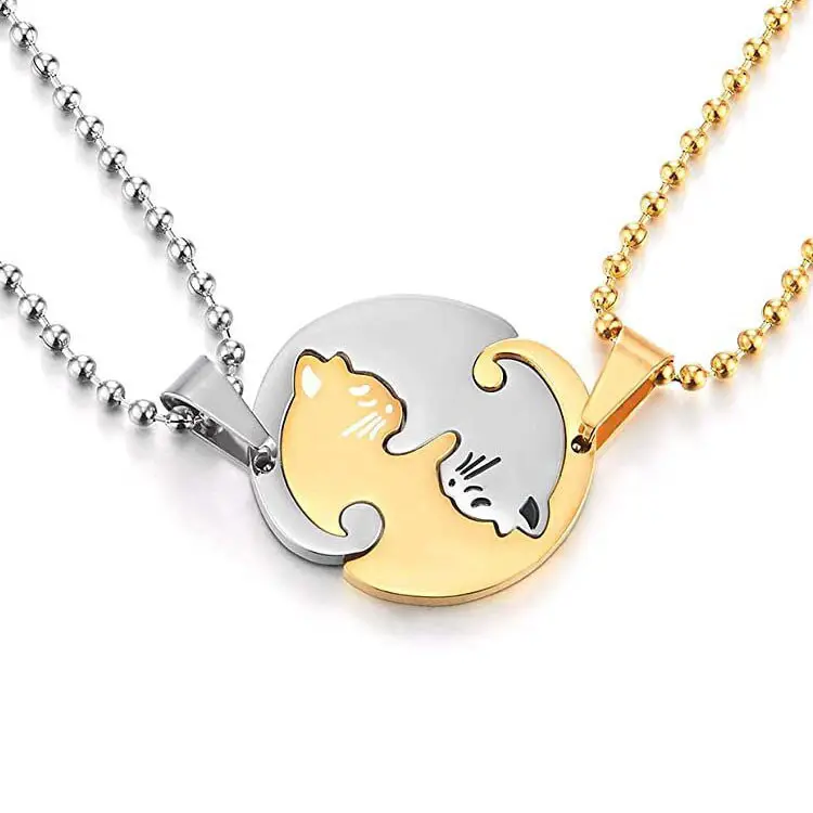 8k altın paslanmaz çelik bulmaca kedi kolye Yin Yang kolye setleri çiftler için kardeşler arkadaşlar sevgililer günü gümüş kolye
