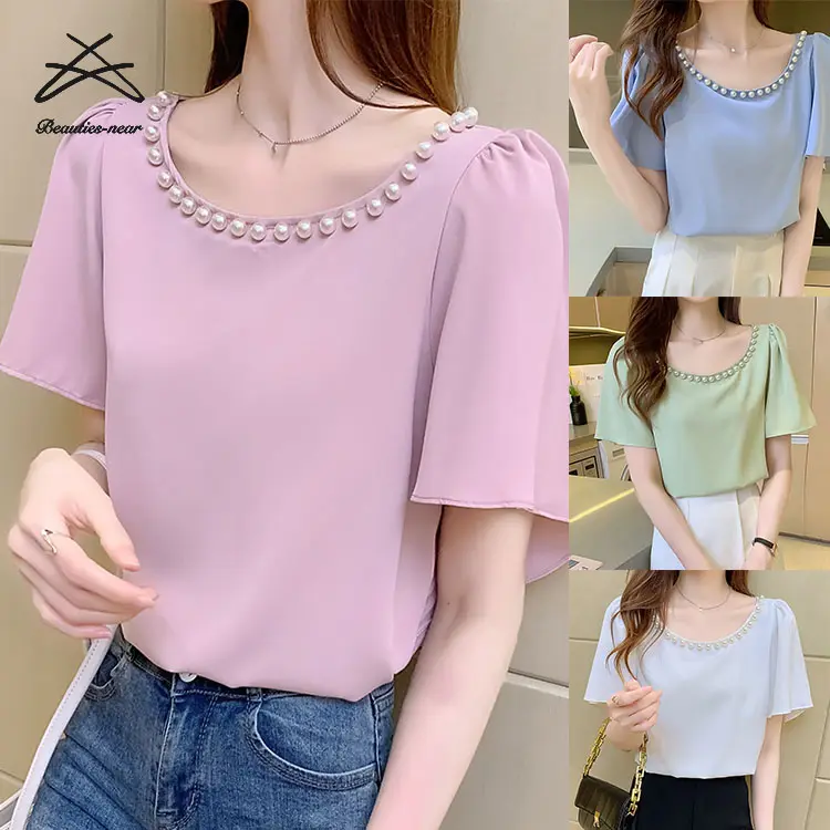 Women Butterfly Flare Short Sleeve Casual Blouse Chiffon Summer Pearl Beaded Round Neck Sexy Shirt Ladies T shirt Top Blouses