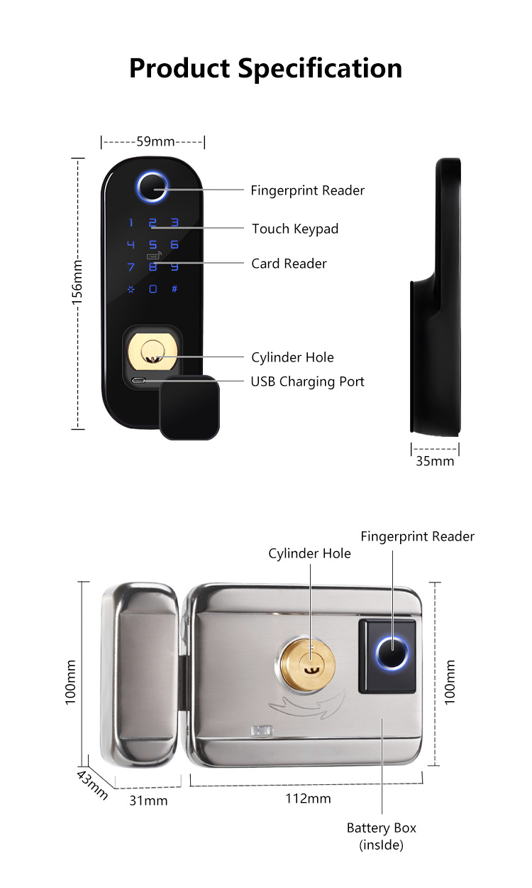 Tediton WIFI Safe Gate Push Pull Combination Fingerprint Smart Digital Lock by Tuya APP