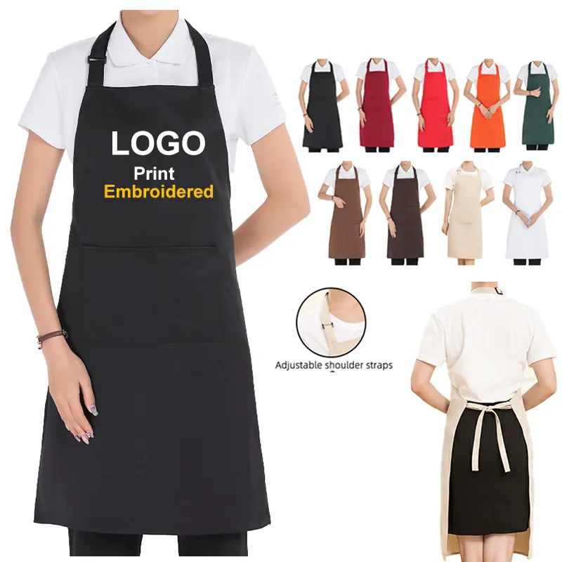 Venta al por mayor unisex cocina restaurante trabajo Delantales para hombres y mujeres con bolsillos negro liso Chef camarero delantal logotipo personalizado