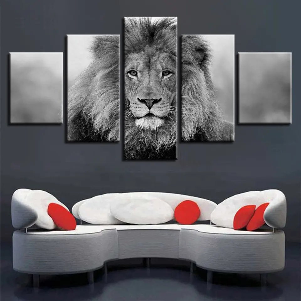 Animal del león habitación HD impresiones blanco y negro Poster 5 panel pintura impresa de la lona arte de la pared