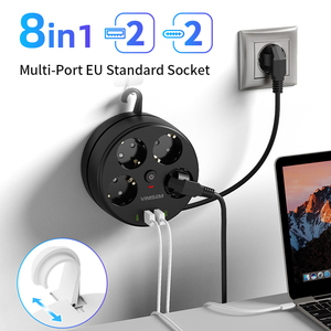 Placa de enchufe de extensión USB multifunción estándar europeo toma de corriente de cable retráctil de 4 salidas con enchufe USB y tipo C - Product Image 2