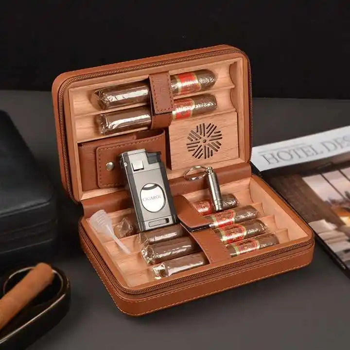 Humidor de viaje para cigarros al por mayor de fábrica, caja de cigarros de cuero de madera de cedro con accesorios para cigarros, juego de regalo