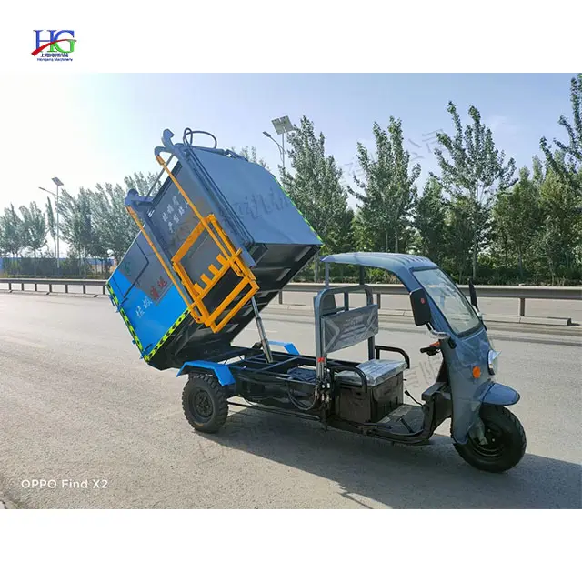 Camion à ordures électrique à trois roues, type seau, machine électrique de transport des ordures, chargement et déchargement automatiques, camion à ordures