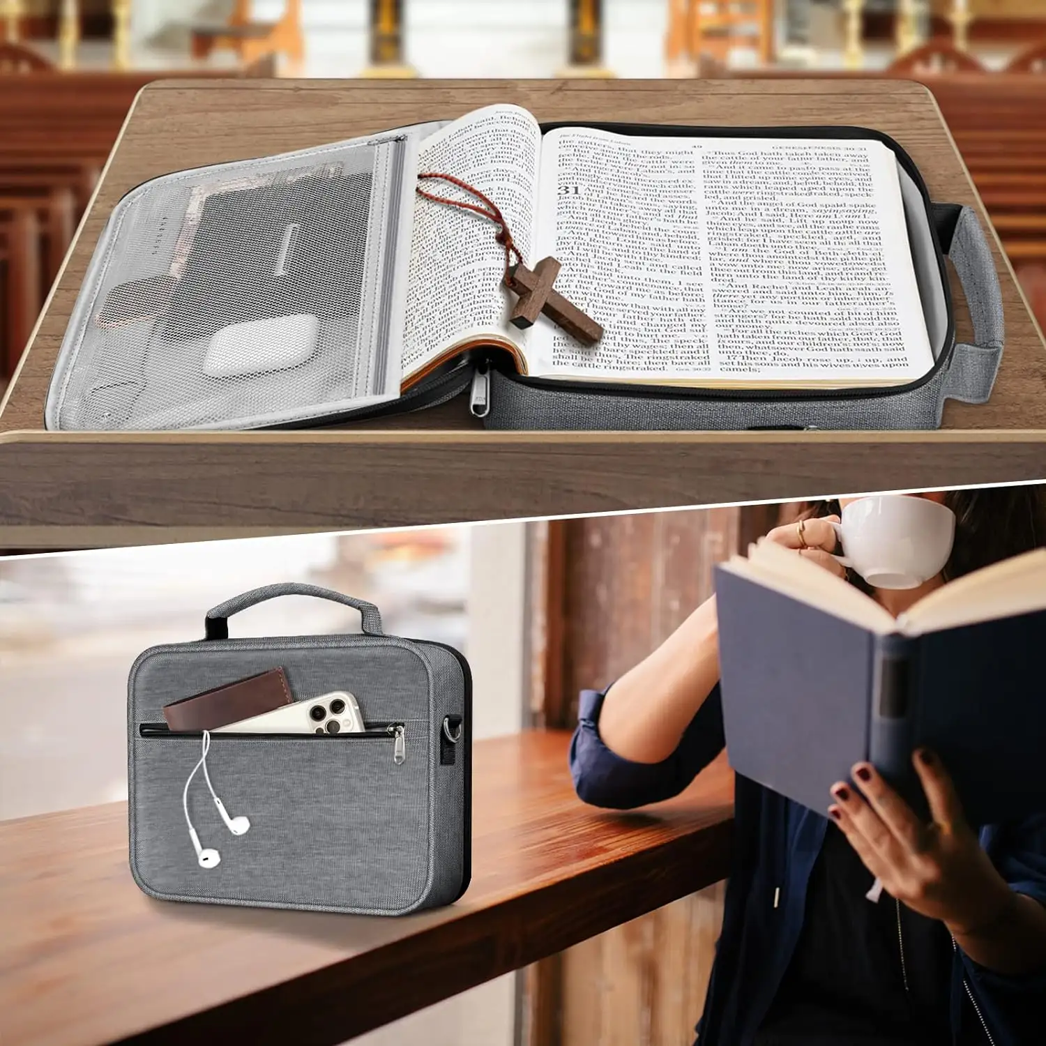 대형 성경 커버 휴대 책 케이스 교회 가방 성경 보호 커버 십자가 성경 운반 가방