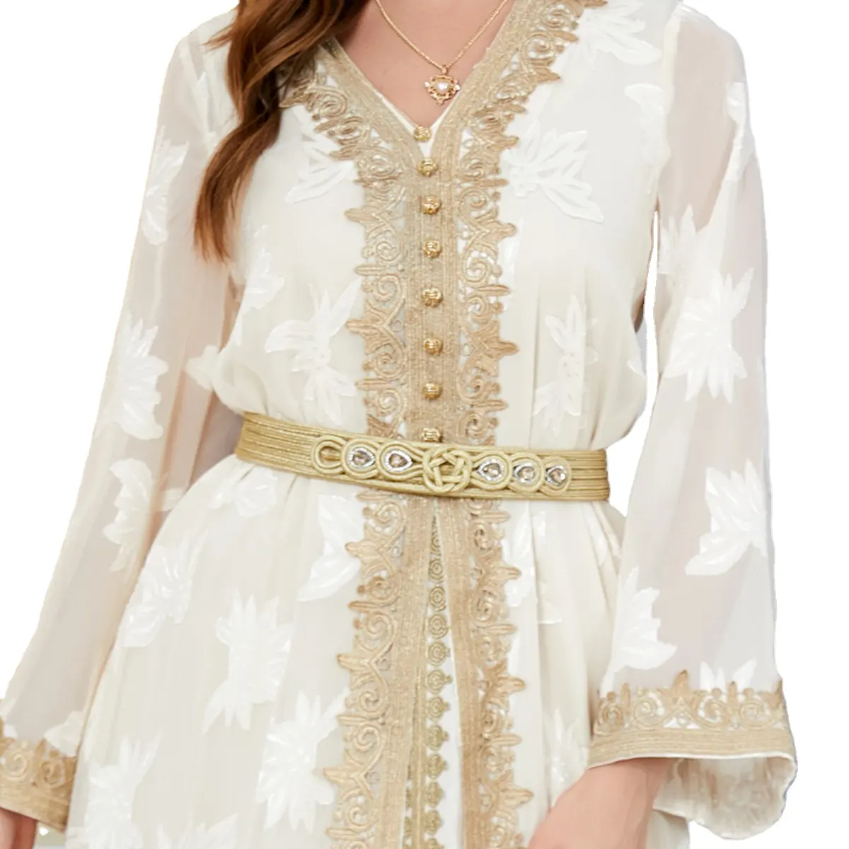 Vestido árabe de manga larga para mujer, ropa árabe de Oriente Medio, abaya, con cuello en V, comercio exterior europeo y americano, vestido cruzado de dos piezas